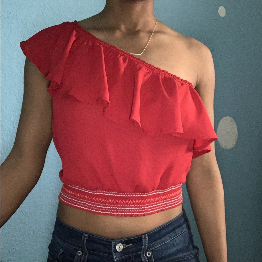 Off the Shoulder Cropped Frilly Sheer Top